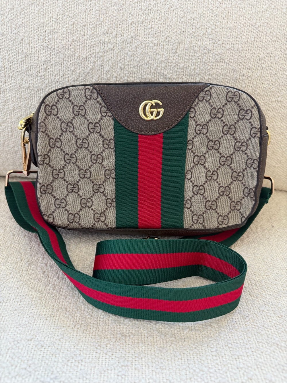 GG FASHION BAG Canvas Crossbody Bag in Brown with Red & Green Web Stripe